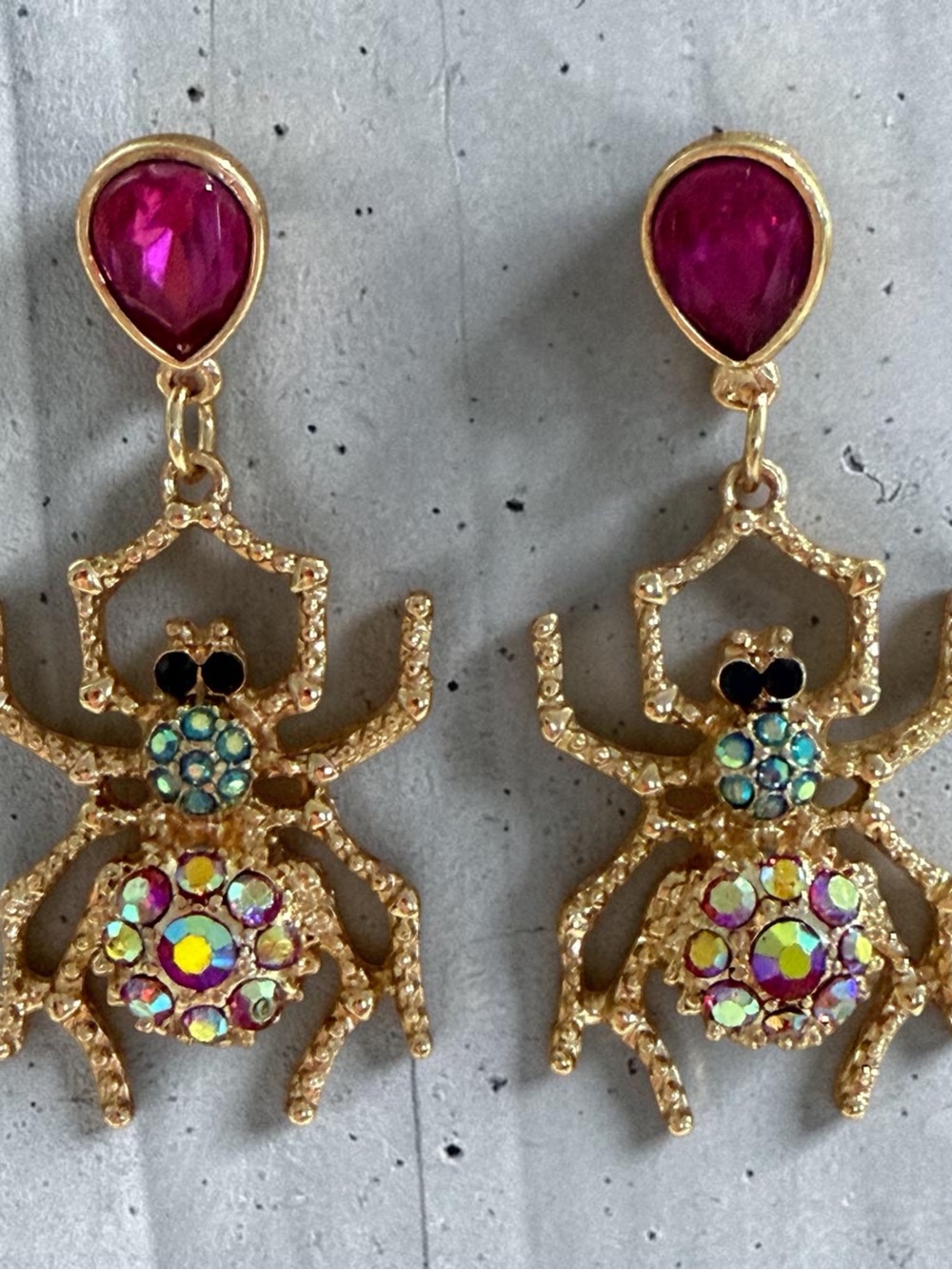 Gold-Tone Spider Drop Earrings with Pink Gem Accents